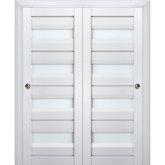Sliding Closet Bypass Doors with Frosted Glass | Veregio 7455 White Silk | Sturdy Rails Moldings Trims Hardware Set | Wood Solid Bedroom Wardrobe Doors -84" x 84" (2* 42x84)