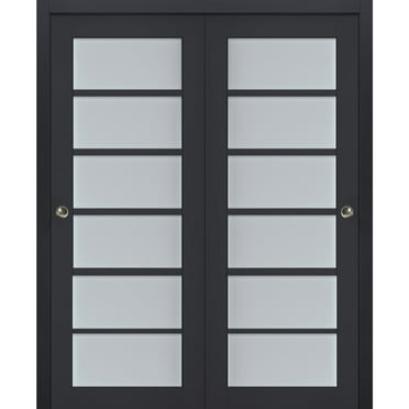 Sliding Closet Bypass Doors with Frosted Glass | Veregio 7602 Antracite| Sturdy Rails Moldings Trims Hardware Set | Wood Solid Bedroom Wardrobe Doors -36" x 84" (2* 18x84)