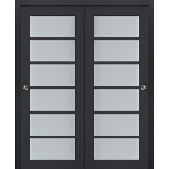 Sliding Closet Bypass Doors with Frosted Glass | Veregio 7602 Antracite| Sturdy Rails Moldings Trims Hardware Set | Wood Solid Bedroom Wardrobe Doors -36" x 84" (2* 18x84)