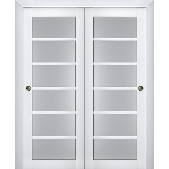 Sliding Closet Bypass Doors with Frosted Glass | Veregio 7602 White Silk | Sturdy Rails Moldings Trims Hardware Set | Wood Solid Bedroom Wardrobe Doors -72" x 84" (2* 36x84)