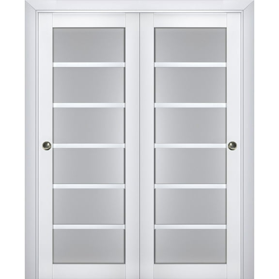 Sliding Closet Bypass Doors with Frosted Glass | Veregio 7602 White Silk | Sturdy Rails Moldings Trims Hardware Set | Wood Solid Bedroom Wardrobe Doors -36" x 84" (2* 18x84)