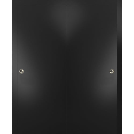 Sliding Closet Bypass Doors with Hardware | Planum 0010 Black Matte | Sturdy Rails Moldings Trims Hardware Set | Modern Wood Solid Bedroom Wardrobe Doors -36" x 80" (2* 18x80)