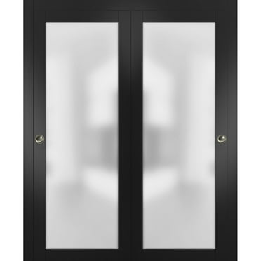 Sliding Closet Bypass Doors with Hardware | Planum 2102 Matte Black with Frosted Glass | Sturdy Rails Moldings Trims Hardware Set | Modern Wood Solid Bedroom Wardrobe Doors -36" x 84" (2* 18x84)