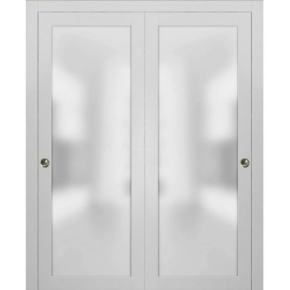 Sliding Closet Bypass Doors with Hardware | Planum 2102 White Silk with Frosted Glass | Modern Wood Solid Bedroom Wardrobe Doors-36" x 84" (2* 18x84)-Frosted Glass