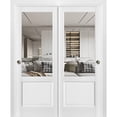 thumbnail image 1 of Sliding Closet Bypass Doors | Lucia 1533 White Silk with Clear Glass | Sturdy Rails Moldings Trims Hardware Set | Wood Solid Bedroom Wardrobe Doors -56" x 96" (2* 28x96)-Clear Glass, 1 of 6