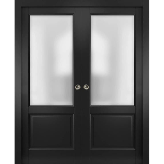 Sliding Closet Bypass Doors | Lucia 22 Matte Black with Rain Glass | Sturdy Rails Moldings Trims Hardware Set | Wood Solid Bedroom Wardrobe Doors