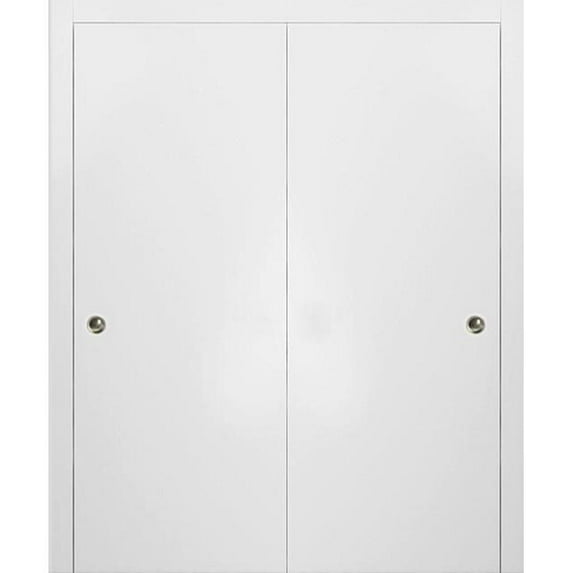 Sliding Closet Bypass Doors | Planum 0010 White Silk | Sturdy Top Mount Rails Moldings Trims Hardware Set | Wood Solid Bedroom Wardrobe Doors-56" x 96" (2* 28x96)