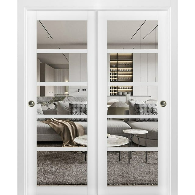 Sliding Closet Bypass Doors | Quadro 4522 White Silk with Clear Glass | Sturdy Rails Moldings Trims Hardware Set | Wood Solid Bedroom Wardrobe Doors -60" x 84" (2* 30x84)-Clear Glass