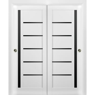 Sliding Closet Bypass Doors | Quadro 4588 White Silk with Black Glass | Sturdy Rails Moldings Trims Hardware Set | Wood Solid Bedroom Wardrobe Doors -36" x 84" (2* 18x84)-Black Glass