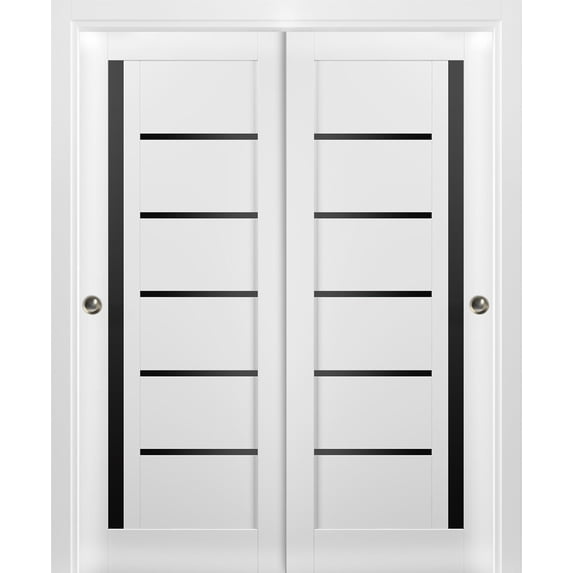 Sliding Closet Bypass Doors | Quadro 4588 White Silk with Black Glass | Sturdy Rails Moldings Trims Hardware Set | Wood Solid Bedroom Wardrobe Doors -48" x 80" (2* 24x80)-Black Glass