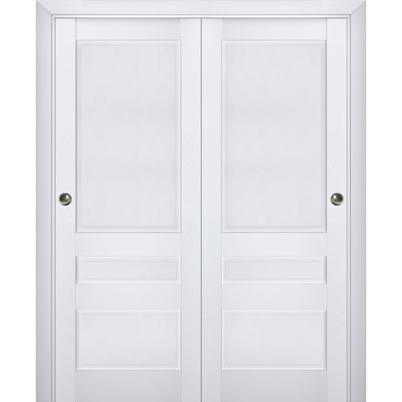 Sliding Closet Bypass Doors | Veregio 7411 White Silk | Sturdy Rails Moldings Trims Hardware Set | Wood Solid Bedroom Wardrobe Doors -60" x 80" (2* 30x80)