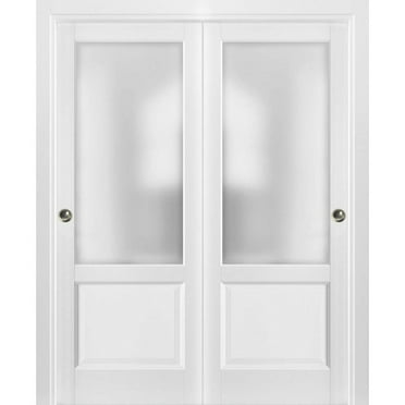 Sliding Closet Bypass Doors with hardware | Lucia 22 White Silk with Frosted Opaque Glass | Kitchen Lite Wooden Solid Bedroom Wardrobe Doors -36" x 84" (2* 18x84)-Frosted Glass