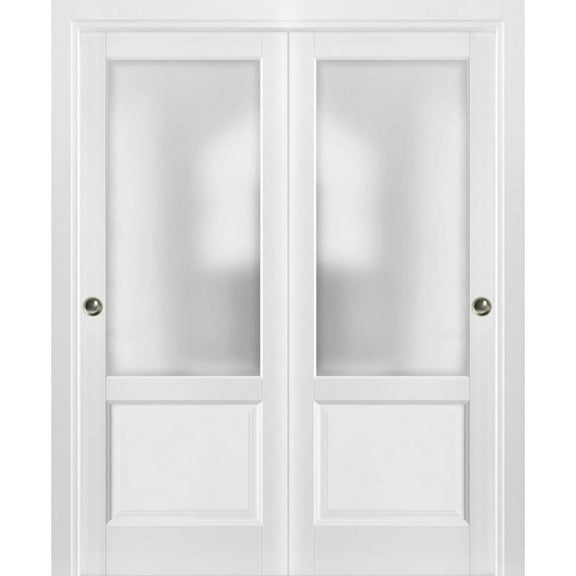 Sliding Closet Bypass Doors with hardware | Lucia 22 White Silk with Frosted Opaque Glass | Kitchen Lite Wooden Solid Bedroom Wardrobe Doors -36" x 84" (2* 18x84)-Frosted Glass