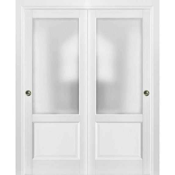 Sliding Closet Bypass Doors with hardware | Lucia 22 White Silk with Frosted Opaque Glass | Kitchen Lite Wooden Solid Bedroom Wardrobe Doors -36" x 96" (2* 18x96)-Frosted Glass