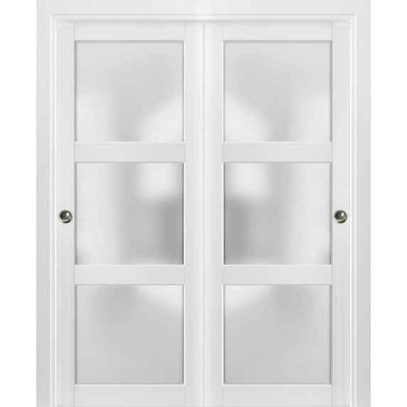 Sliding Closet Bypass Doors with hardware | Lucia 2552 with Opaque Frosted Glass | Kitchen Lite Wooden Solid Bedroom Wardrobe Doors -84" x 80" (2* 42x80)-Frosted Glass