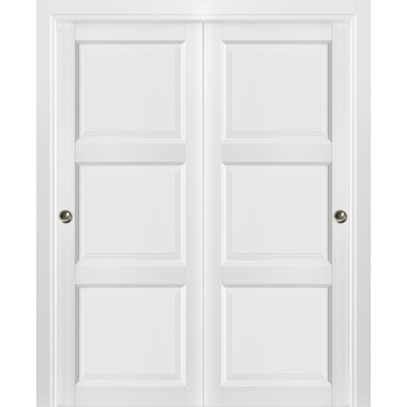 Sliding Closet Bypass Doors with hardware | Lucia 2661 White Silk | Sturdy Rails Moldings Trims Hardware Set | Pantry Kitchen 3-Panels Wooden Solid Bedroom Wardrobe Doors -60" x 96"