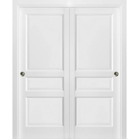 Sliding Closet Bypass Doors with hardware | Lucia 31 White Silk | Sturdy Rails Moldings Trims Hardware Set | Pantry Kitchen 3-Panels Wooden Solid Bedroom Wardrobe Doors-36" x 84" (2* 18x84)