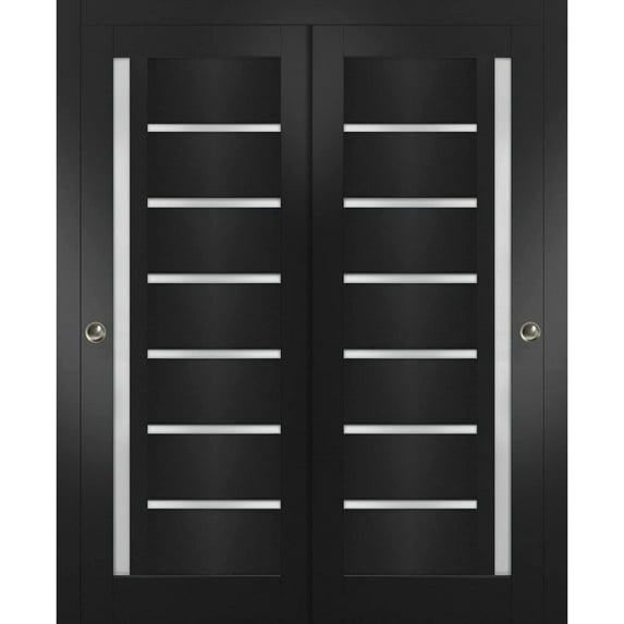 Sliding Closet Bypass Doors inches | Quadro 4088 Matte Black with Frosted Glass | Sturdy Rails Moldings Trims Hardware Set | Wood Solid Bedroom Wardrobe Doors