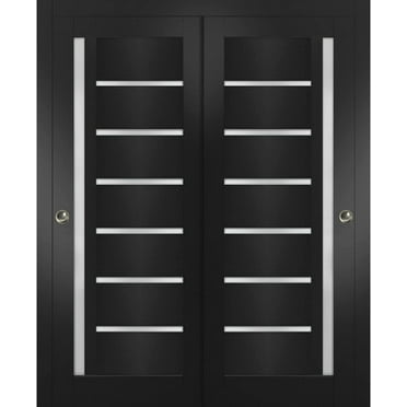 Sliding Closet Bypass Doors inches | Quadro 4088 Matte Black with Frosted Glass | Sturdy Rails Moldings Trims Hardware Set | Wood Solid Bedroom Wardrobe Doors