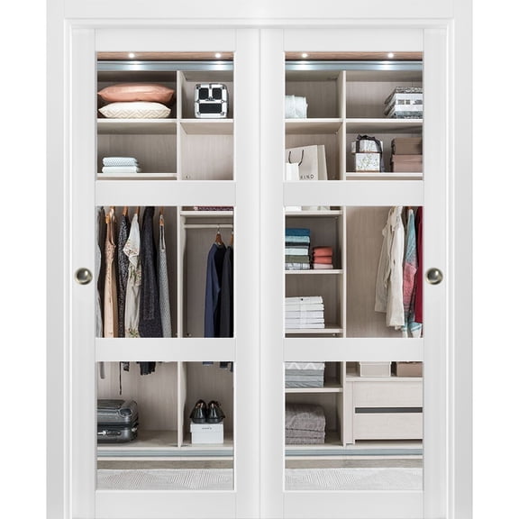 Sliding Closet Clear Glass 3 Lites Bypass Doors 36 x 80 inches | Lucia 2555 Matte White | Sturdy Top Mount Rails Moldings Trims Hardware Set | Wood Solid Bedroom Wardrobe Doors