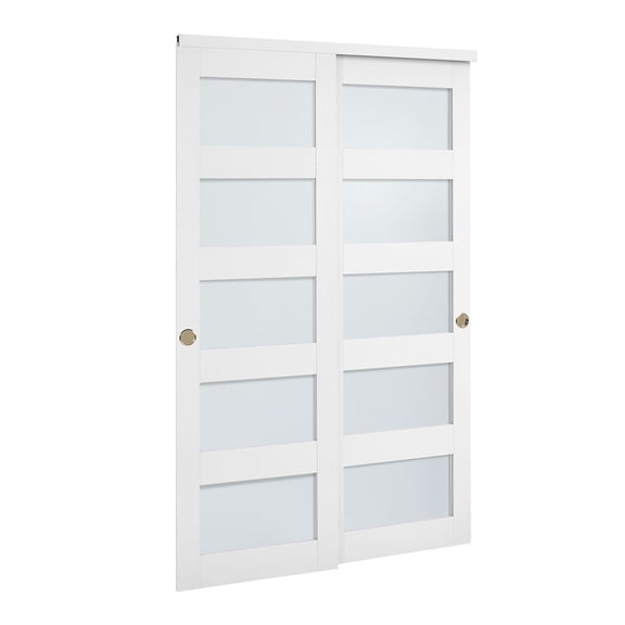 Sliding Closet Door, 48" (Double 25") x 80", 5-Lite Frosted Glass Bypass Sliding Doors with Hardware Kit & Floor Guide, Solid Wood & MDF Slab with Waterproof PVC Surface for Closets Bedrooms