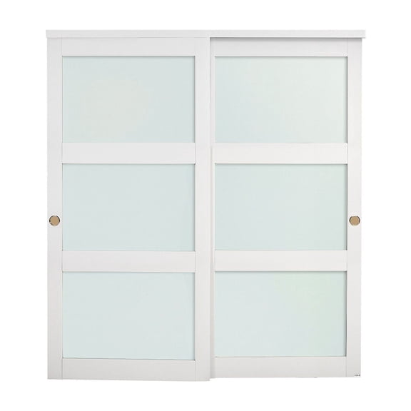Sliding Closet Door, 72" (Double 37") x 80", 3-Lite Frosted Glass Bypass Sliding Doors with Hardware Kit & Floor Guide, Solid Wood & MDF Slab with Water-Proof PVC Surface for Closets Bedrooms