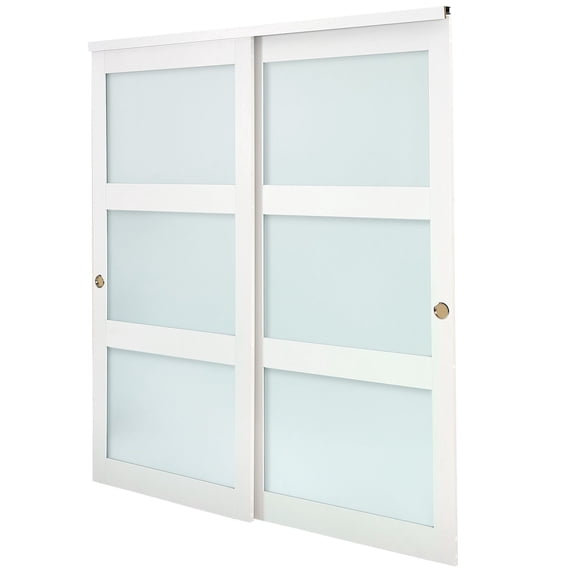 Sliding Closet Doors 72-Inch Double 37-Inch x 80-Inch 3-Lite Frosted Glass Bypass Panels with Complete Hardware Kit and Floor Guide Solid Wood MDF Slab Waterproof PVC Surface for Bedrooms Closets