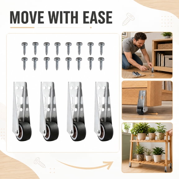 Sliding Closet Door Hardware, Sliding Door Floor Guides, Furniture Door Rollers, Sliding Barn Door Bottom Rollers, 4Pc Nylon Wheel Set with 16 Mounting Screws, Screw Mount Silver