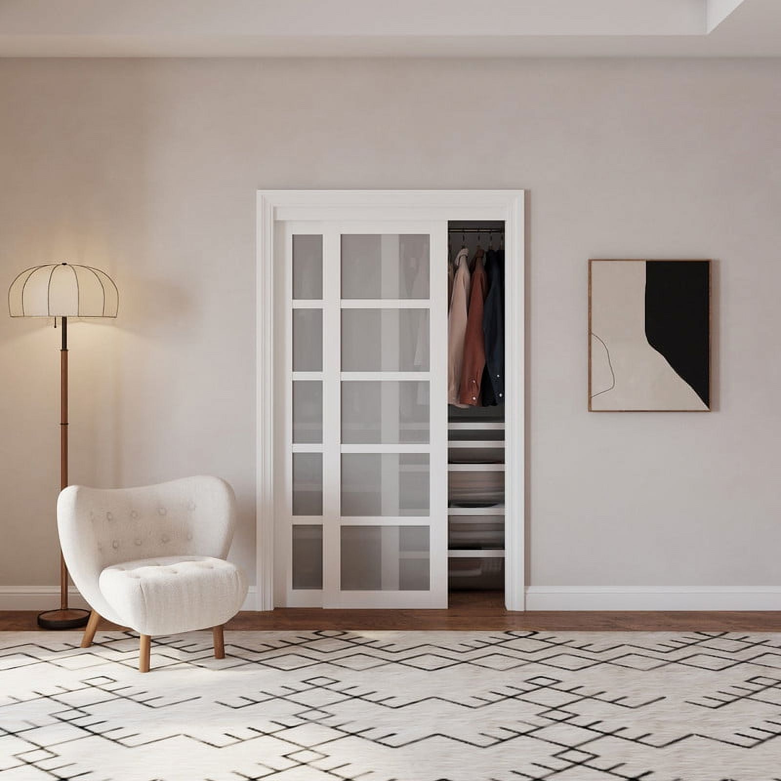 48" x 80" White MDF 5-Panel Frosted Glass Sliding Door