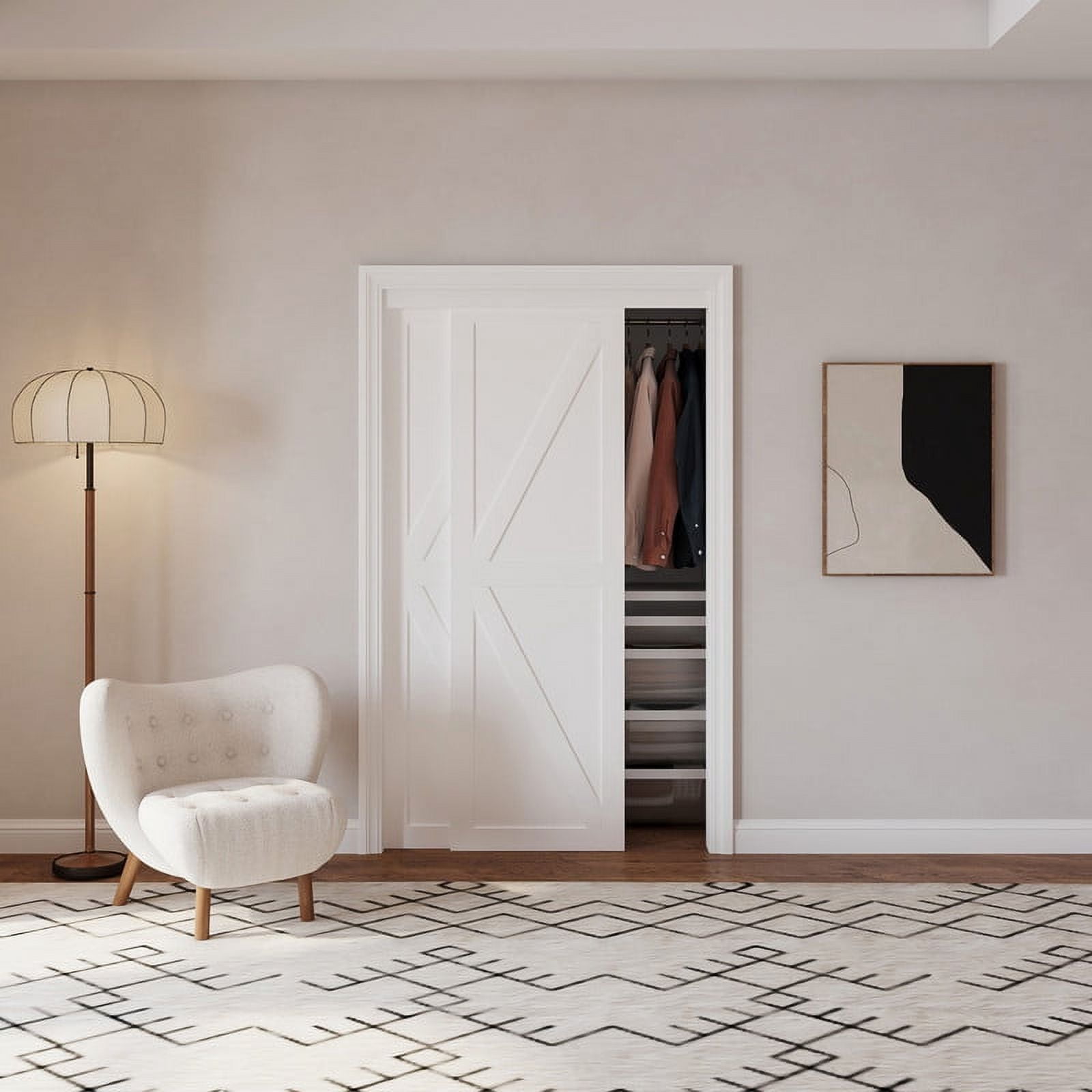 Sliding Closet Doors 48" x 80" with Hardware Kit, MDF Panel Waterproof PVC Surface Easy Assembly, K-Frame, White