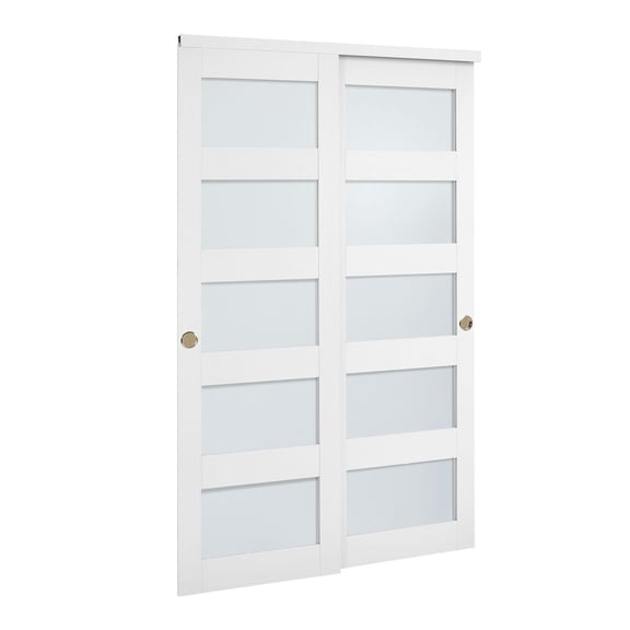 Sliding Closet Doors 48x80, 5-Lite Frosted Glass Bypass Closet Door with Hardware Kit, Waterproof PVC Surface, Solid Wood & MDF Slab for Bedroom Closets