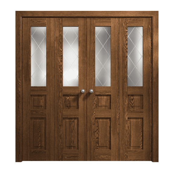 Sliding Closet Double Bi-fold Doors 72 x 80 inches | Ego 5011 Cognac Oak | Sturdy Tracks Moldings Trims Hardware Set | Wood Solid Bedroom Wardrobe Doors