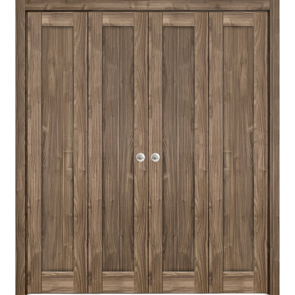 Sliding Closet Double Bi-fold Doors 72 x 80 inches | Quadro 4111 Walnut | Sturdy Tracks Moldings Trims Hardware Set | Wood Solid Bedroom Wardrobe Doors