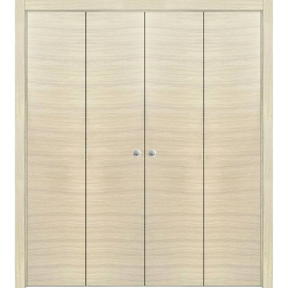 Sliding Closet Double Bi-fold Doors 72 x 84 inches | Planum 0010 Natural Veneer | Sturdy Tracks Moldings Trims Hardware Set | Wood Solid Bedroom Wardrobe Doors