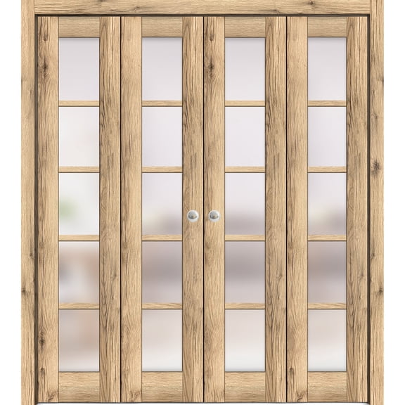 Sliding Closet Double Bi-fold Doors 96 x 80 inches | Quadro 4002 Oak | Sturdy Tracks Moldings Trims Hardware Set | Wood Solid Bedroom Wardrobe Doors