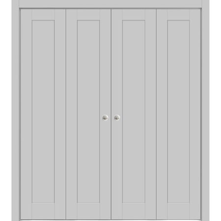 Sliding Closet Double Bi-fold Doors 96 x 80 inches | Quadro 4111 Matte Grey | Sturdy Tracks Moldings Trims Hardware Set | Wood Solid Bedroom Wardrobe Doors