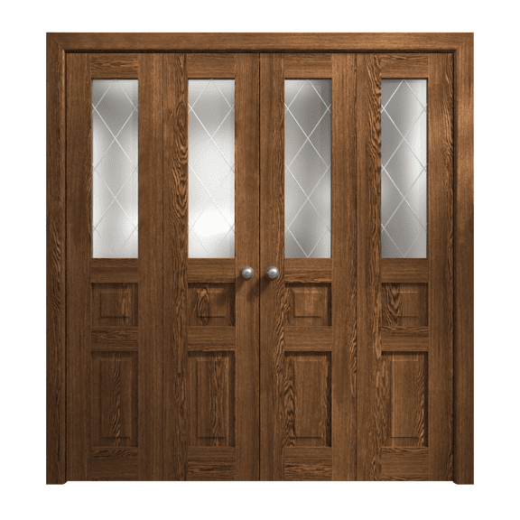Sliding Closet Double Bi-fold Doors 96 x 96 inches | Ego 5011 Cognac Oak | Sturdy Tracks Moldings Trims Hardware Set | Wood Solid Bedroom Wardrobe Doors