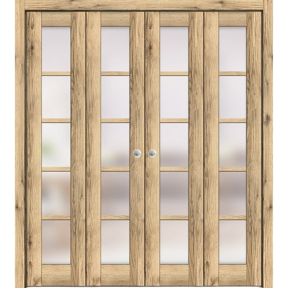 Sliding Closet Double Bi-fold Doors 96 x 96 inches | Quadro 4002 Oak | Sturdy Tracks Moldings Trims Hardware Set | Wood Solid Bedroom Wardrobe Doors