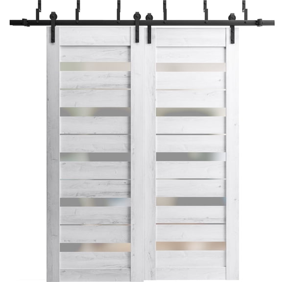 Sliding Closet Double Bi-fold Doors | Lucia 2166 Matte Black Clear Glass | Sturdy Tracks Moldings Trims Hardware Set | Wood Solid Bedroom Wardrobe Doors