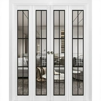 Sliding Closet Double Bi-fold Doors | Lucia 2366 White Silk Clear Glass | Sturdy Tracks Moldings Trims Hardware Set | Wood Solid Bedroom Wardrobe Doors