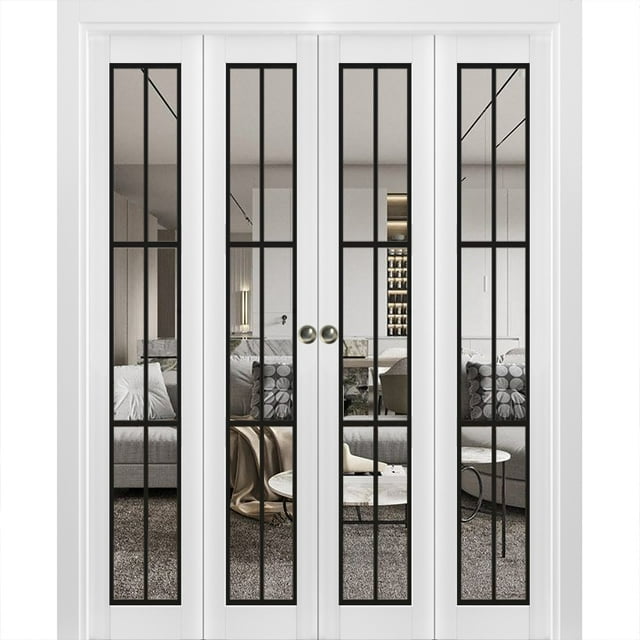 Sliding Closet Double Bi Fold Doors Lucia 2366 White Silk Clear Glass Sturdy Tracks Moldings 9453