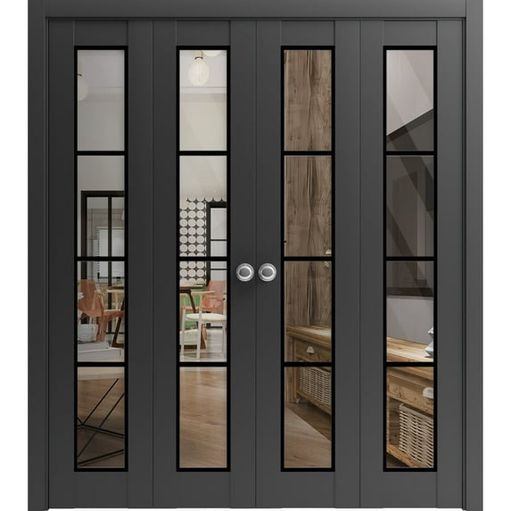 Sliding Closet Double Bi-fold Doors | Lucia 2466 Matte Black Clear Glass | Sturdy Tracks Moldings Trims Hardware Set | Wood Solid Bedroom Wardrobe Doors