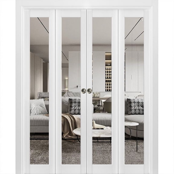 Sliding Closet Double Bi-fold Doors | Lucia 2666 White Silk Clear Glass | Sturdy Tracks Moldings Trims Hardware Set | Wood Solid Bedroom Wardrobe Doors