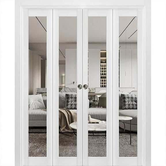Sliding Closet Double Bi-fold Doors | Lucia 2666 White Silk Clear Glass | Sturdy Tracks Moldings Trims Hardware Set | Wood Solid Bedroom Wardrobe Doors