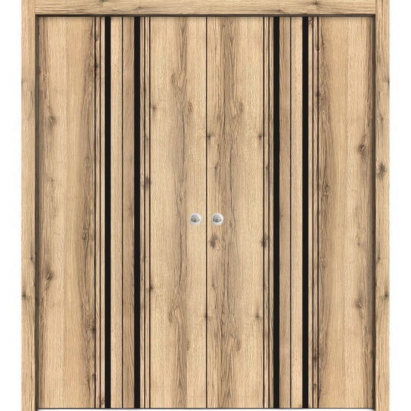 Sliding Closet Double Bi-fold Doors | Planum 0011 Oak with Frosted Glass | Sturdy Tracks Moldings Trims Hardware Set | Wood Solid Bedroom Wardrobe Doors