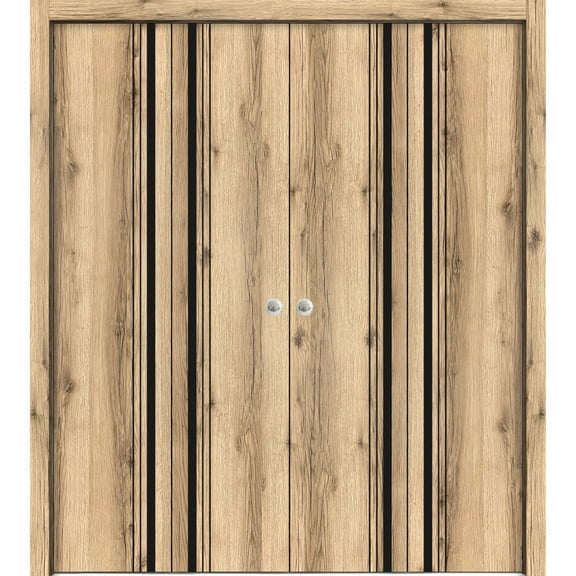 Sliding Closet Double Bi-fold Doors | Planum 0011 Oak with Frosted Glass | Sturdy Tracks Moldings Trims Hardware Set | Wood Solid Bedroom Wardrobe Doors