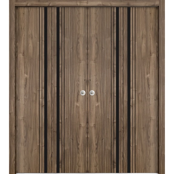 Sliding Closet Double Bi-fold Doors | Planum 0011 Walnut with Frosted Glass | Sturdy Tracks Moldings Trims Hardware Set | Wood Solid Bedroom Wardrobe Doors