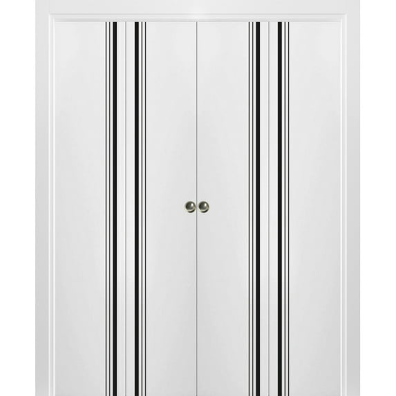 Sliding Closet Double Bi-fold Doors | Planum 0011 White Silk with Frosted Glass | Sturdy Tracks Moldings Trims Hardware Set | Wood Solid Bedroom Wardrobe Doors