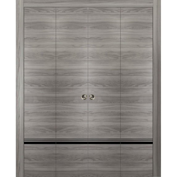 Sliding Closet Double Bi-fold Doors | Planum 0012 Grey Matte with Frosted Glass | Sturdy Tracks Moldings Trims Hardware Set | Wood Solid Bedroom Wardrobe Doors