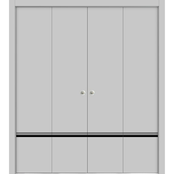 Sliding Closet Double Bi-fold Doors | Planum 0012 Grey Matte with Frosted Glass | Sturdy Tracks Moldings Trims Hardware Set | Wood Solid Bedroom Wardrobe Doors